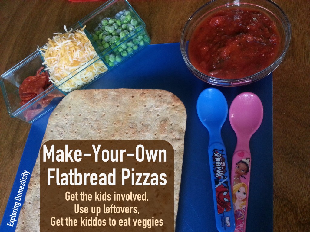 Make-your-own flatbread pizza: perfect for kiddos - keeps them busy, gets them to eat their veggies, and quick and easy way to use leftover or what you have on hand