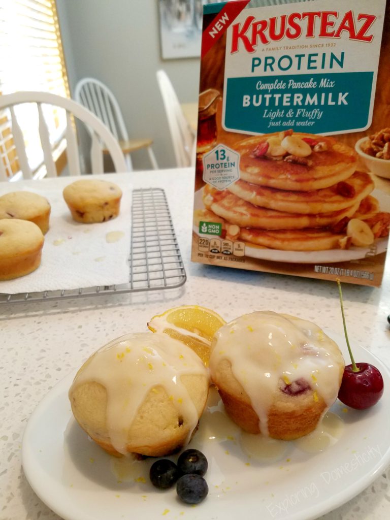 Blueberry and Cherry Protein Pancake Muffins and Lemon Protein Glaze with Krusteaz Protein Buttermilk Pancake mix