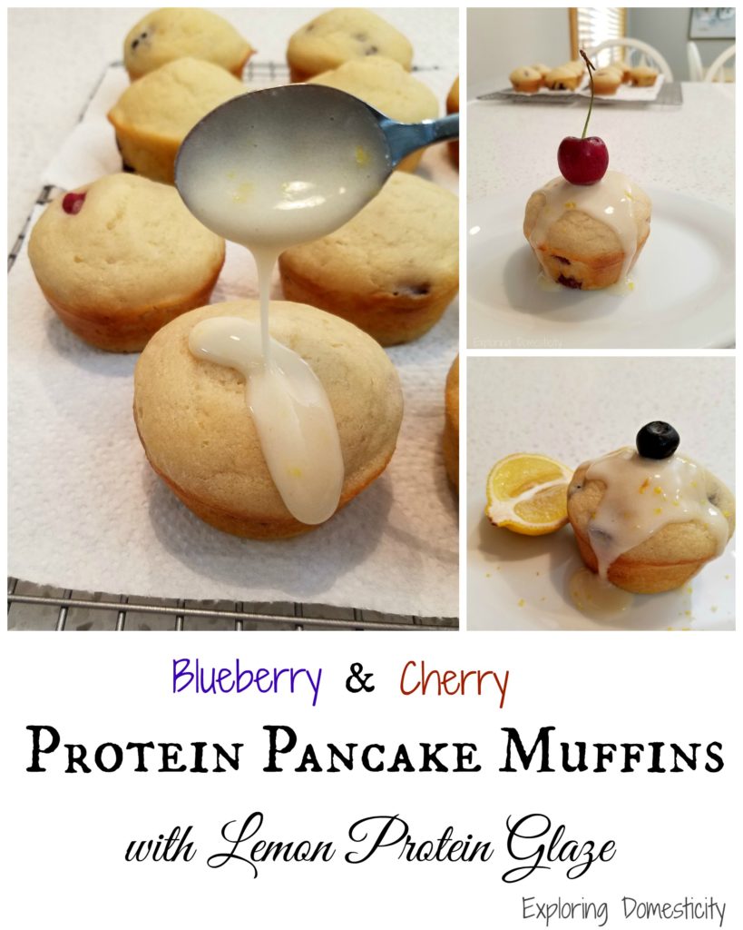 Blueberry and Cherry Protein Pancake Muffins with Lemon Protein Glaze