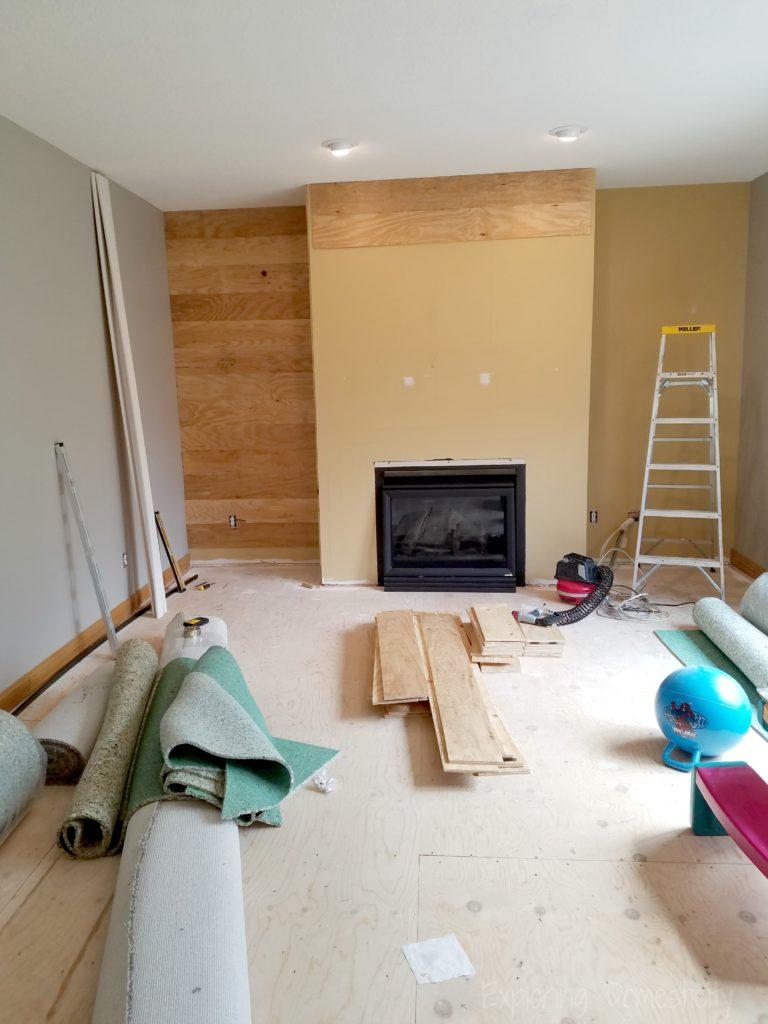 DIY Faux Shiplap Fireplace Wall in progress