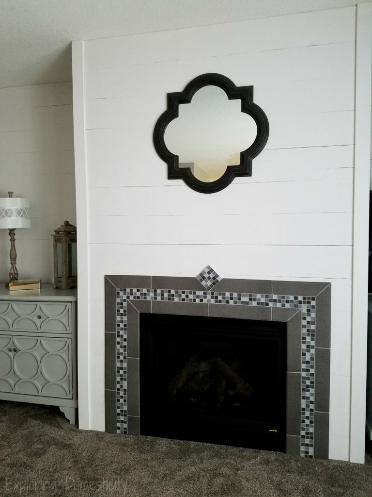 DIY Faux Shiplap Wall and Tile Fireplace Surround with custom dressers