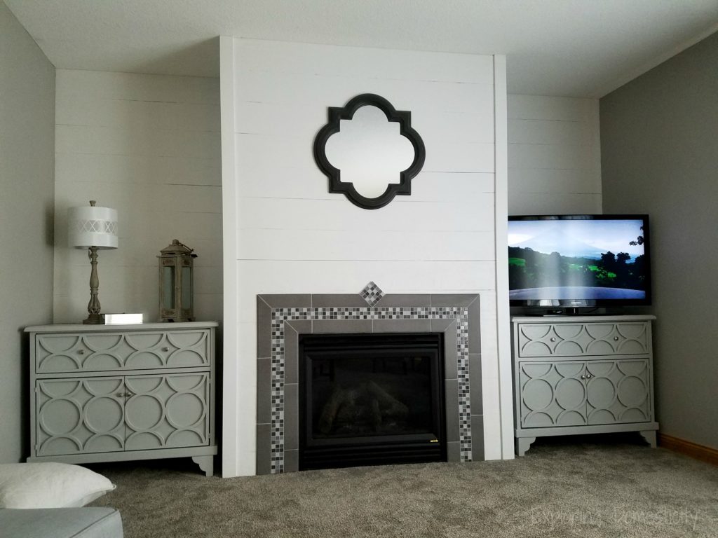 DIY Faux Shiplap Wall with tile fireplace surround and custom dressers