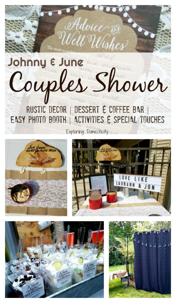 Johnny and June Couples Shower - rustic decor, dessert and coffee bar, easy photo booth, activities and special touches