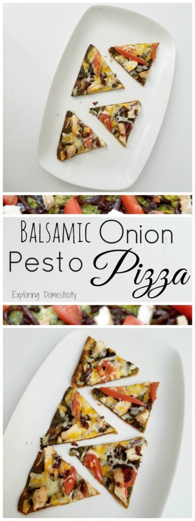 Balsamic Onion Pesto Pizza - sweet onions, flavorful pesto, chicken, tomatoes, and cheese - yum!