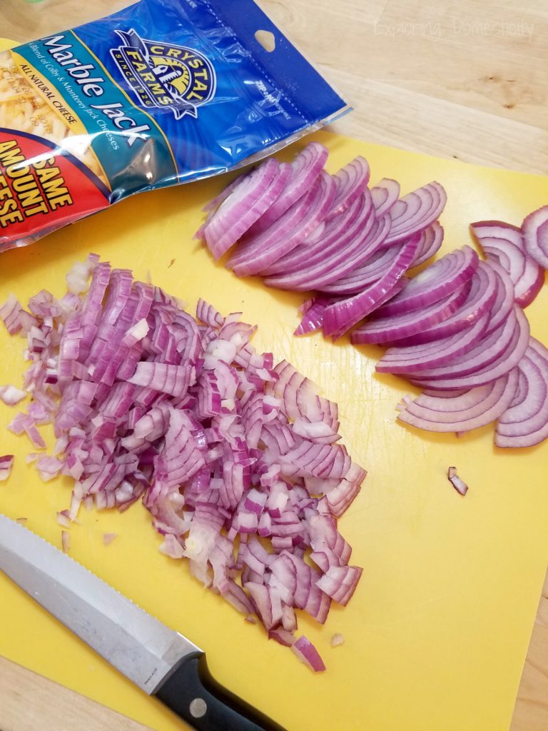 Red Onions and Crystal Farms Shredded Marble Jack Cheese for Balsamic Onion Pesto Pizza