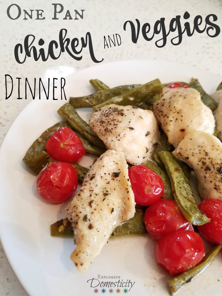 One Pan Chicken and Veggies Dinner - easy sheet pan chicken, green beans, and tomato meal