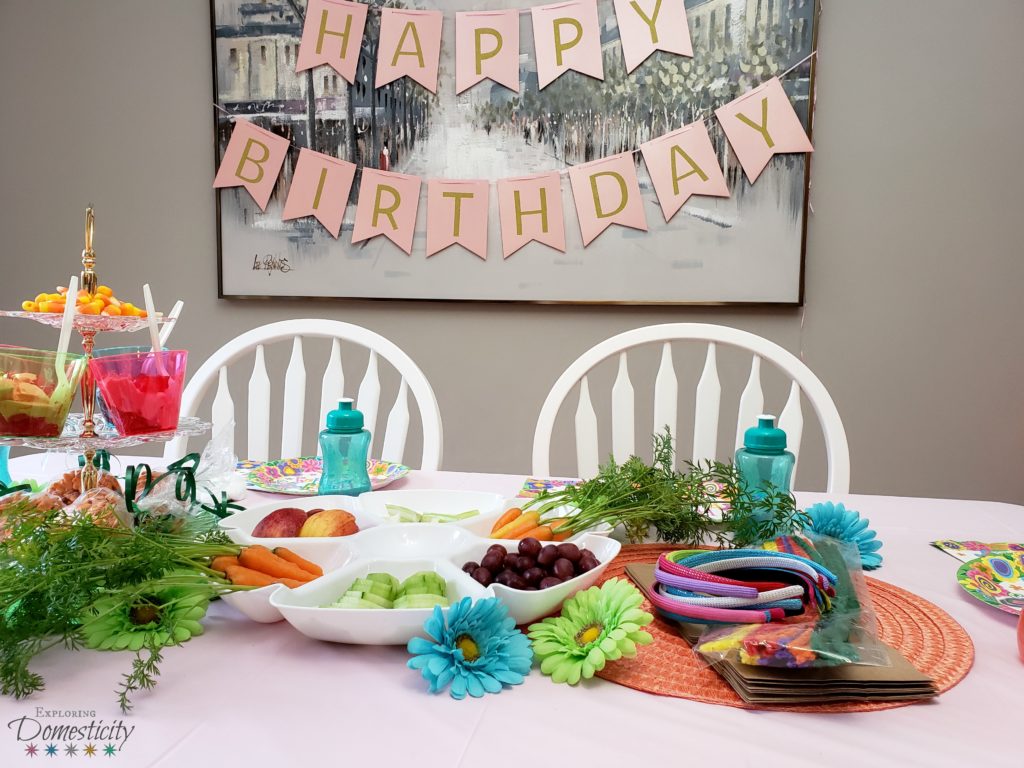 Bunny Birthday Party table with food and crafts