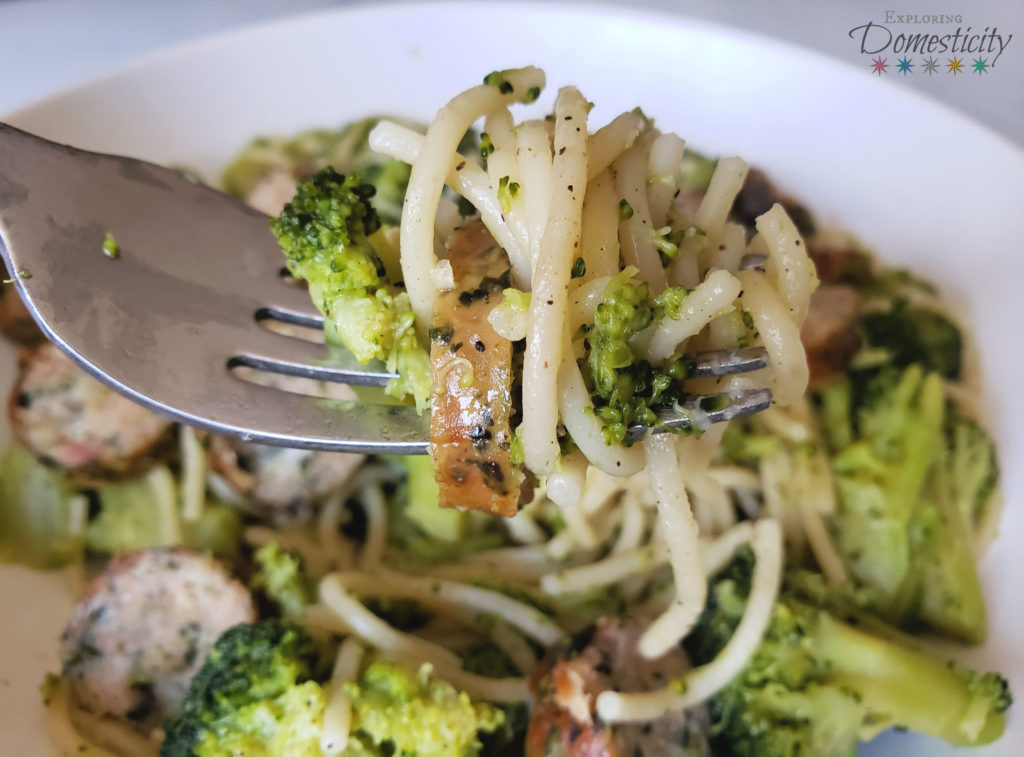 Delicious one-pot asiago chicken sausage and broccoli pasta