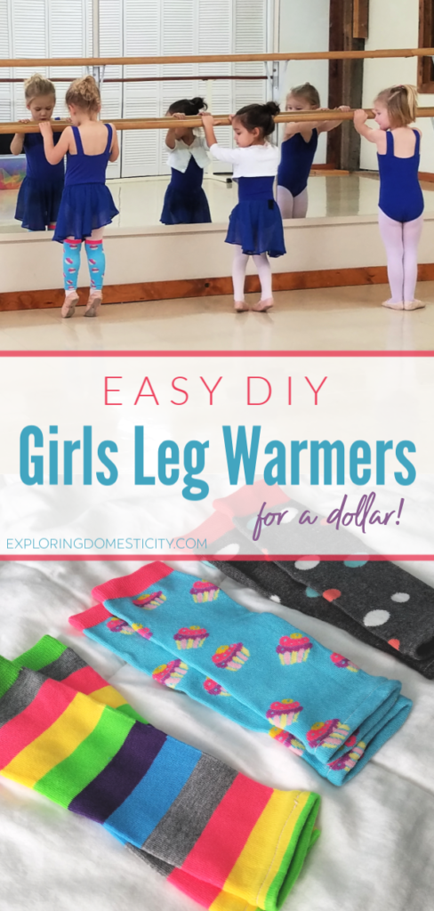 Super Easy DIY Girls Leg Warmers for a Dollar! Just one snip and one stitch and you have fun, printed girls leg warmers for dance class, parties, or gifts