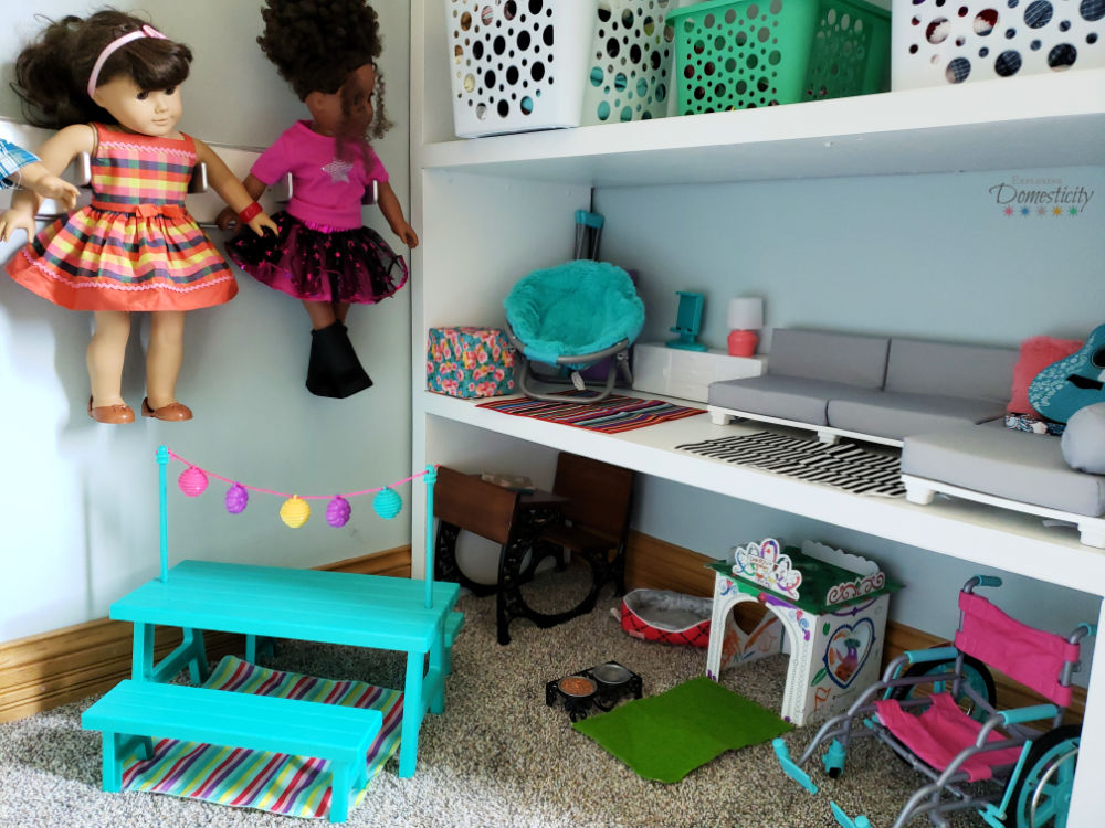 Kids Toy Storage American Girl Doll Holder and book shelves doll house play area