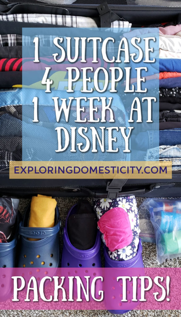 One Suitcase for one week at Disney for Four People - Packing tips. Open suitcase with folded clothes and shoes stuffed with more clothing