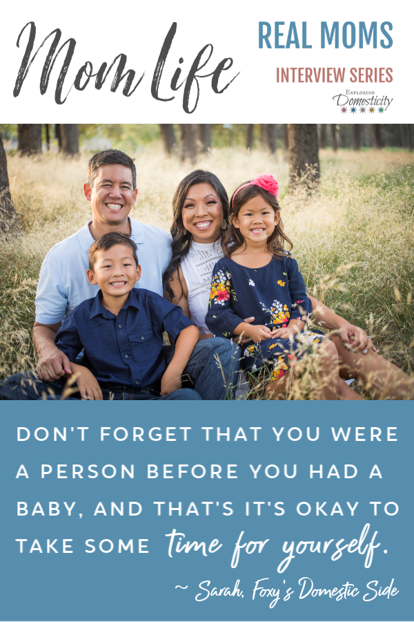 Family photo with mom, dad, boy, and girl. Sarah's Mom Life - Real Moms Interview Series - advice for new moms