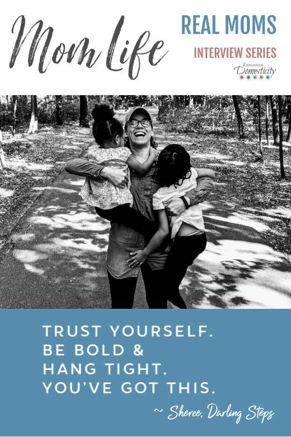 Sheree's Mom Life - Real Moms Interview Series. A Mom laughing while trying to hold two bigger kids with this advice for new moms, "Trust yourself. Be bold & hang tight. You've got this."