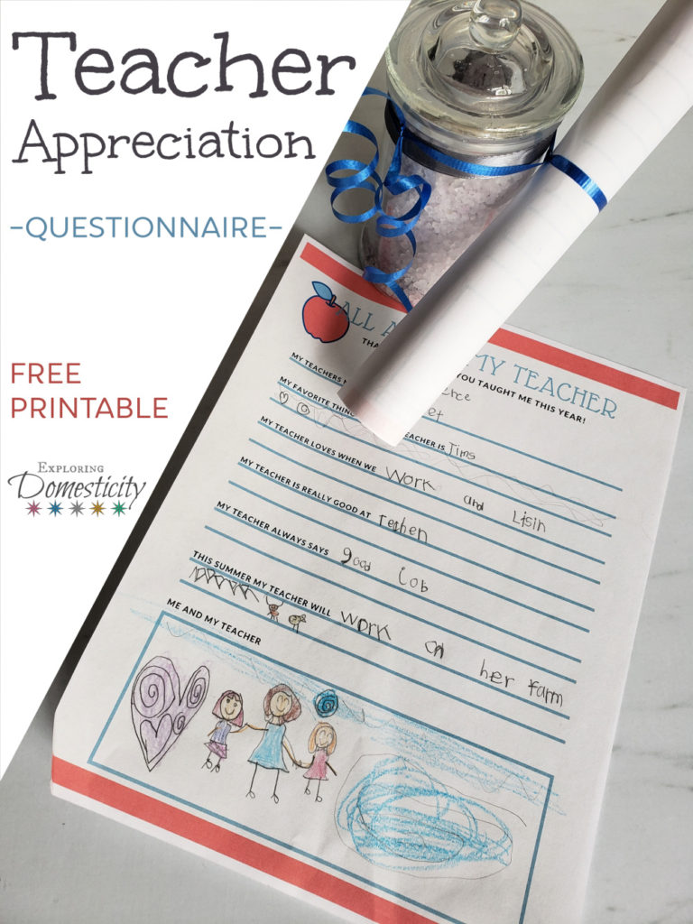 Teacher Appreciation Questionnaire - free printable