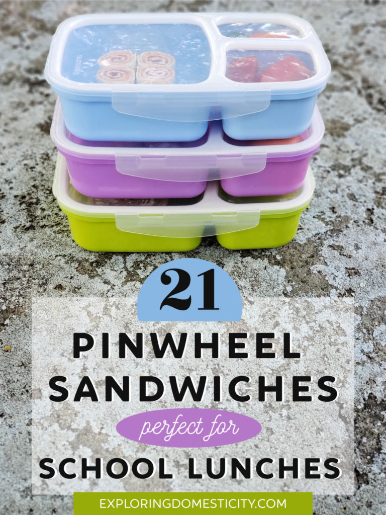 three bento boxes stacked with school lunches - 12 pinwheel sandwiches perfect for school lunches