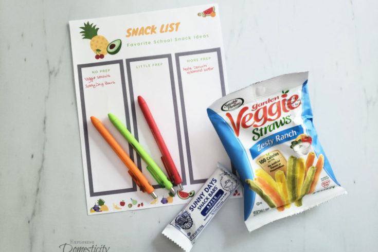 Back to School Healthy Snack List printable and Veggie Straws and Snack Bar