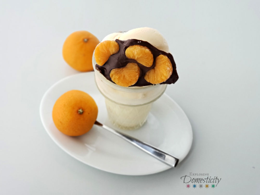 Vanilla ice cream with chocolate orange topping