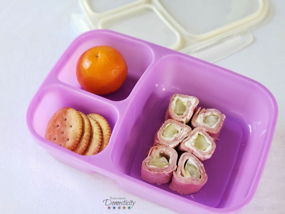 Ham Pickle and Cream Cheese Pinwheel in bento box