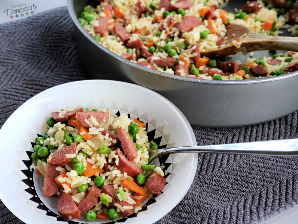 Sausage and Rice with veggies in a bowl